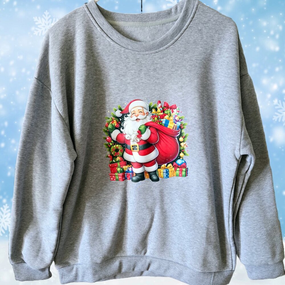 NWOT GRAY SWEATSHIRT CHRISTMAS SANTA CLAUS HEAT TRANSFER LARGE 100% POLYESTER